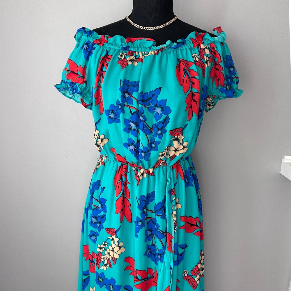 Belle Vere Maxi Dress Small Green Floral Print Off Shoulder Ruffle‎ Trim Cottage - Picture 5 of 16